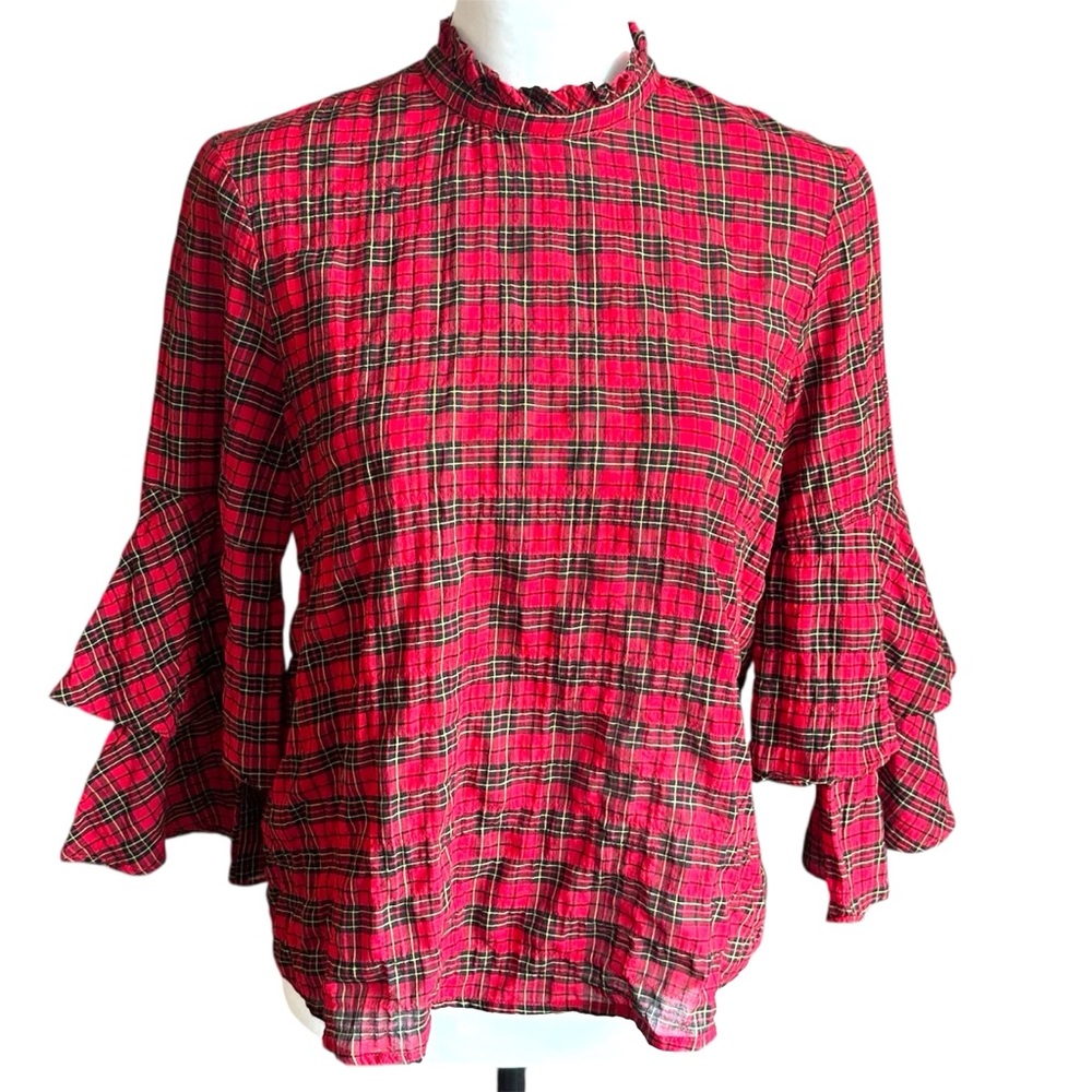 J. Mclaughlin Blouse Size XS Red tartan plaid tiered blouse with Ruffle Collar